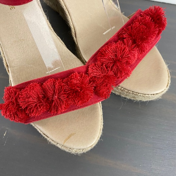 Saks Fifth Avenue Espadrille Wedge Ankle Strap Sandals 7.5 Red Pom Pom Leather - Picture 3 of 10